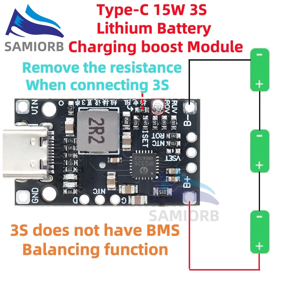 Type-C USB 2/3S BMS 15W 8.4V 12.6V 1.5A Lithium Battery Charging Boost Module With Balanced Support Fast Charge With Indicator