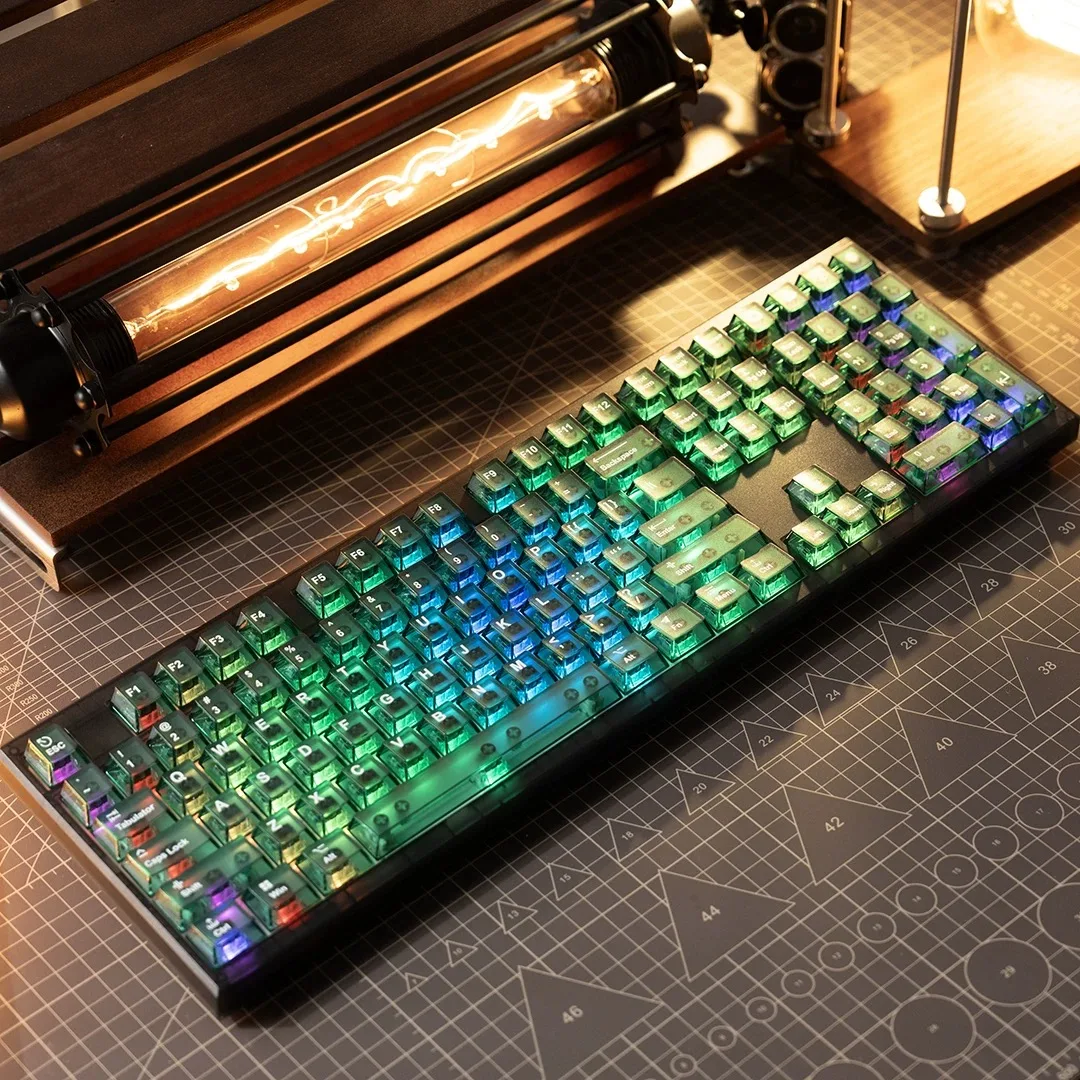 الأخضر من خلال Keycap Chreey ارتفاع مادة الكمبيوتر شفافة ماتي ملمس صغير مجموعة كاملة من أغطية المفاتيح الميكانيكية الشفافة