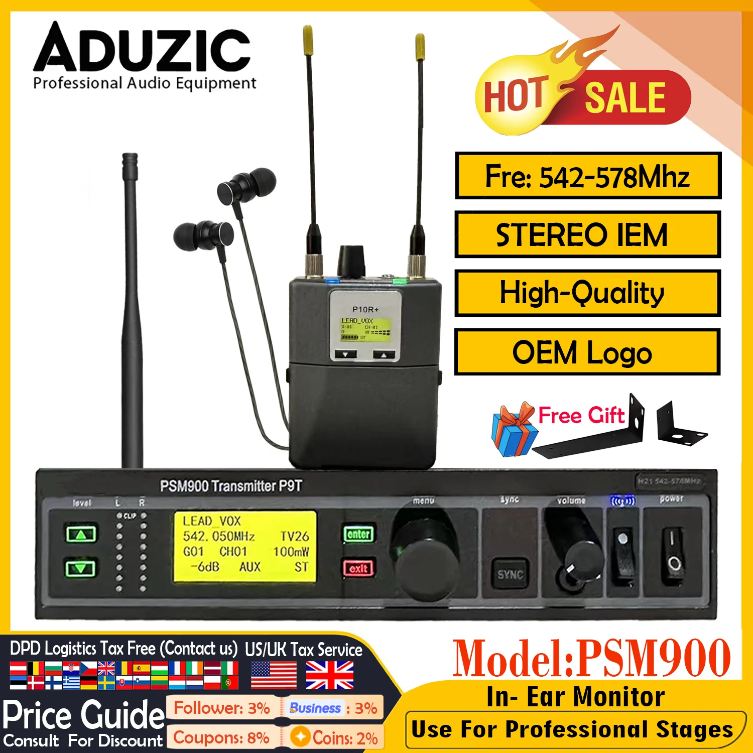 ADUZIC PSM900 Stereo IEM Wireless In Ear Monitors 542-578MHz Low-latency In-ear Moniror Professional Stage Monitoring System