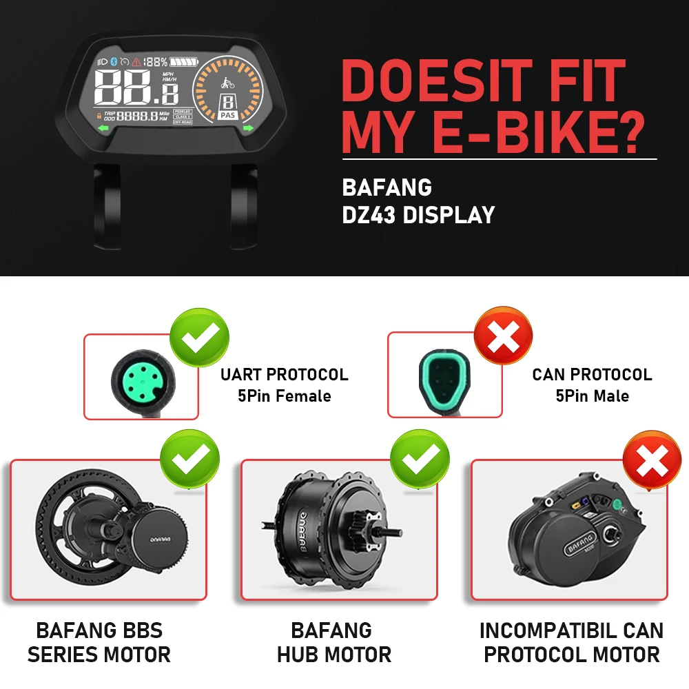 Electric Bike Display DZ40 DZ41 SW102T B02N-U 580C 600C Multilingual eBike Computer 9 PAS For BAFANG Motor UART Protocol 5PIN