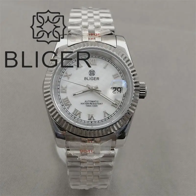 BLIGER 36mm/39mm Silver Bezel White Pink BrowDial Roman Index NH35 Automatic Movement Mens Watch Jubilee Bracelet Green Luminous