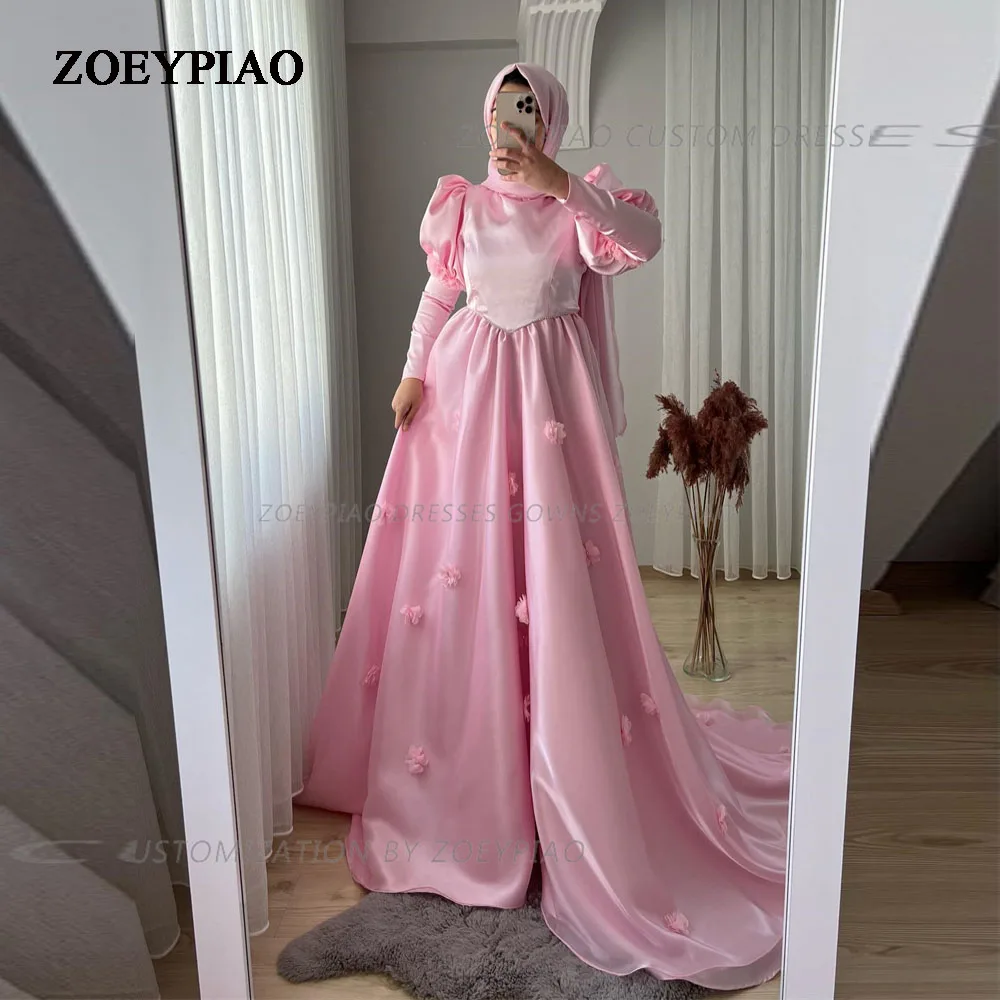 Light Pink 3D Flowers Prom Dress Silk Satin A Line Muslim Evening Dress Gowns O Neck Long Sleeve فستان سهرة Formal Party Dress