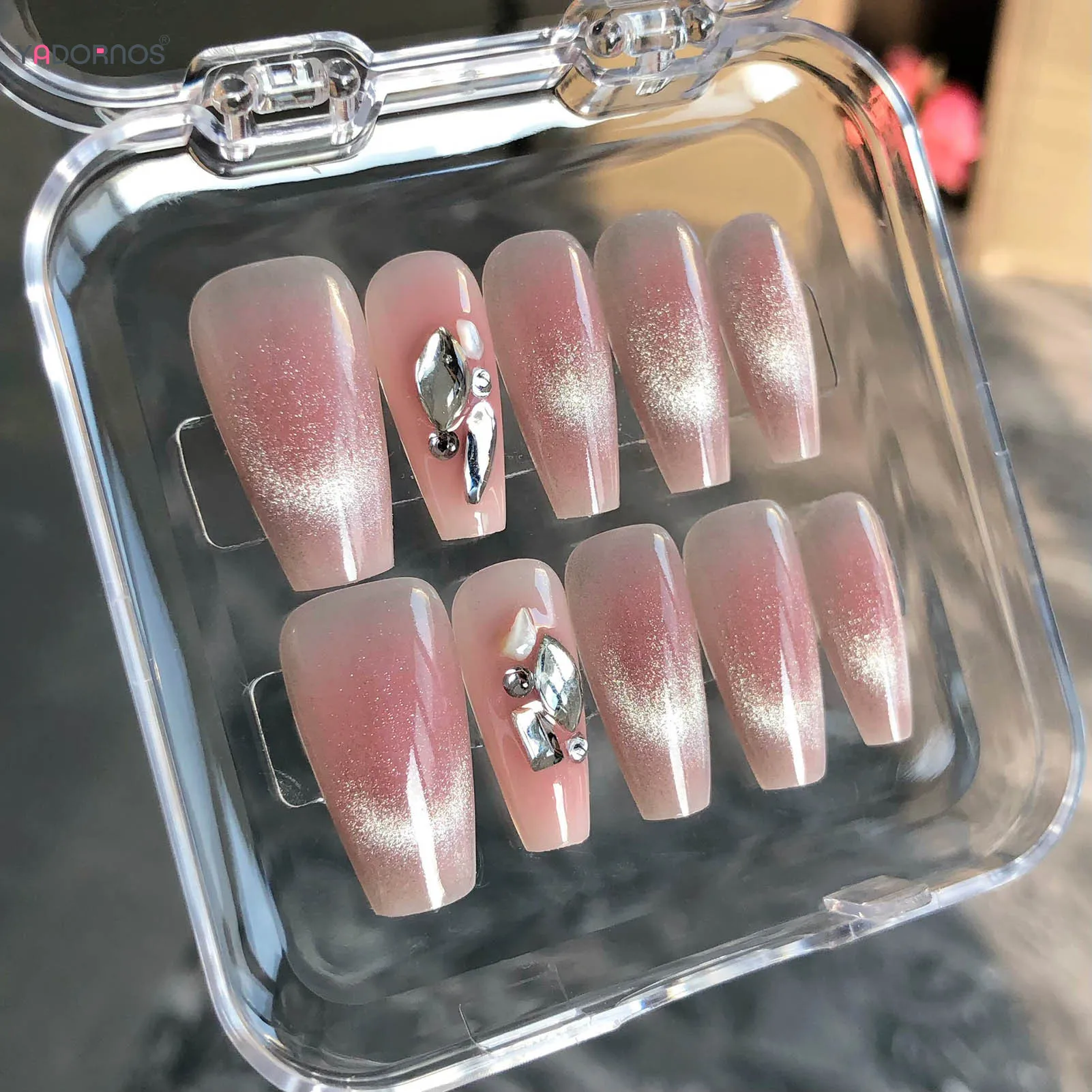 10pcs Blush Pink False Nails Handmade Glitter Cat's Eye Press On Nails With Glossy Rhinestone Designs Full Cover Wearabe Nail