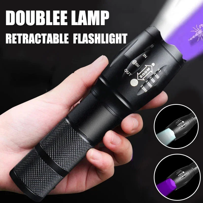 Purple White Dual Light Flashlight LED Ultraviolet Torch 5 Modes Zoomable Flashlight UV Torch for Fluorescent Agent Detection