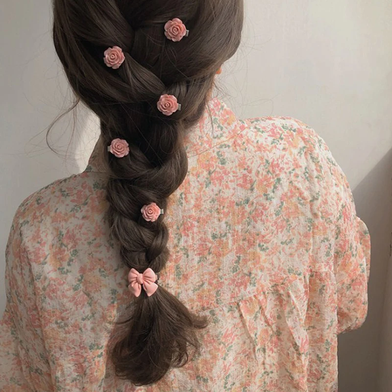 5pcs Cute Girls Pink Rose Flower Heart Bow Peach Mini Hairpin Set Sweet Hair Braiding Clip Hair Styling Bobby Pin For Women