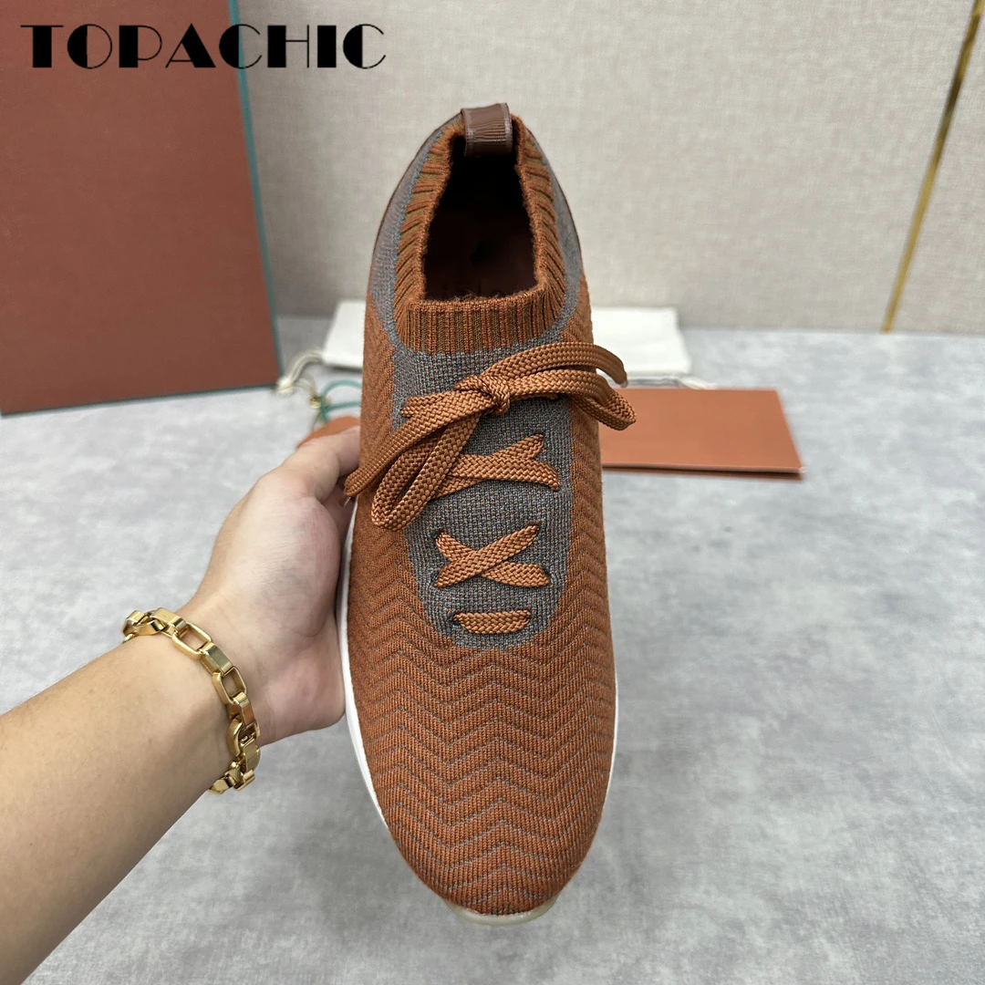 12.5 TOPACHIC Men\'s Soft Comfortable Knitted Sneakers Striped Lace-Up Round Toe Casual Shoes