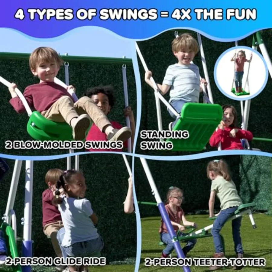 Metal Swing Set: 2 Swings/Standing Swing, 2 Person Roman Glider Swing, Teeter Totter and 5' Wavy Slide*Bonus 4pc Anchor Kit*