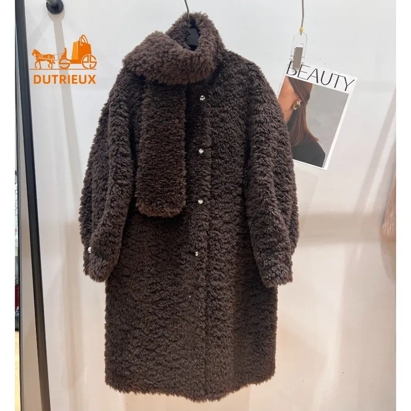 24 Winter New Fur Coat for Women, Fashionable Long Round Neck Teddy Bear Lamb Wool Coat with Scarf Loose Silhouette Warm Jacket