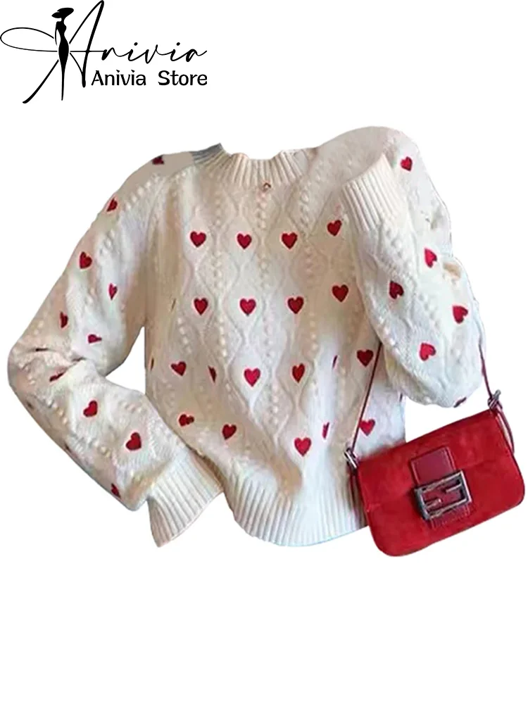 Women\'s White Knit Pullover Sweater with Heart Elegant Harajuku Aesthetic Y2k Long Sleeves Sweaters Jumper Vintage 2000s Clothes