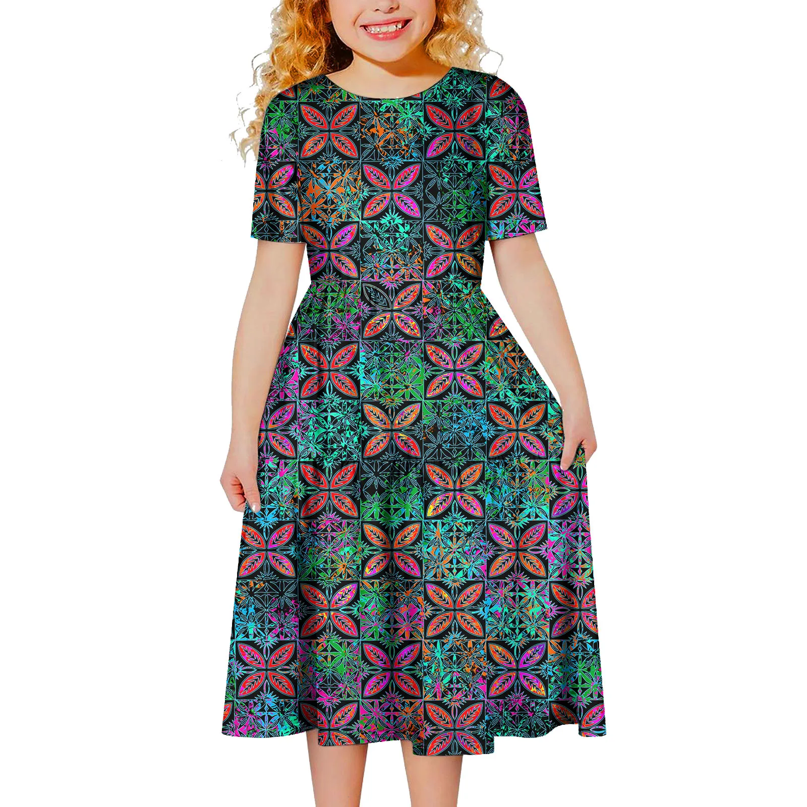 Upscale Luxury Custom Polynesian Kids Sweet Short Sleeve Clothing Samoan Girls Cake Dresses Toddler Tiered Maxi Skirts Hawaiian