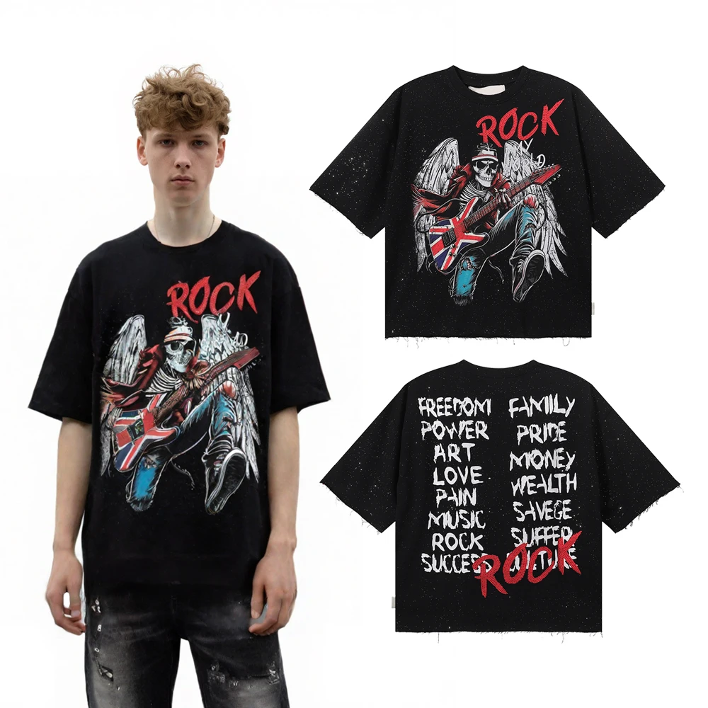 Streetwear Clothing Rock Revival T Shirts with Rhinestones Hiphop Street Style Cotton Casual Vintage Short Sleeve Tees for Men's