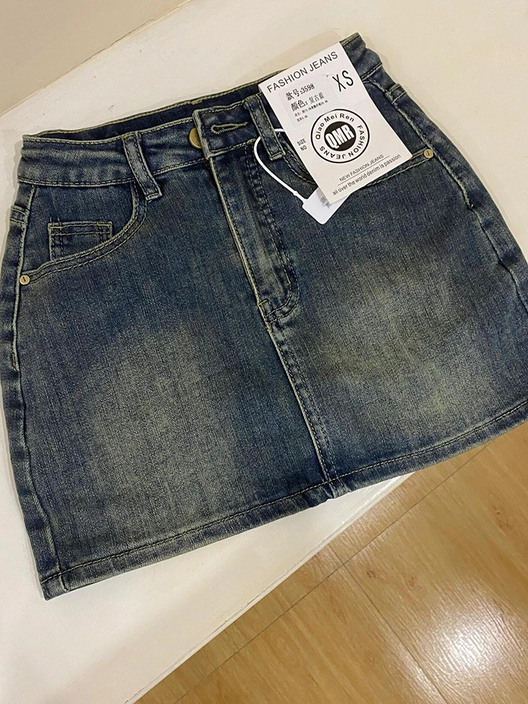 

American Retro Denim Skirt Women's Summer New Sle Sexy High Waist Elastic Slimming Anti-Light Wrap around A-Line Skirt