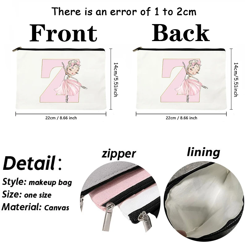 Ballet Girls Cartoon Initial Pattern MakeUp Pouch Bag Cosmetic Case Clutch Portable Toiletry Organizer Gift for Girls