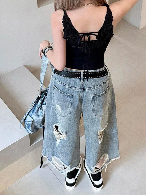 Sweet Cool Spicy Girl American Style Frayed Hole Seven-Foot Women's Jeans Summer Design Loose Straight Wide Leg Mid-Pants
