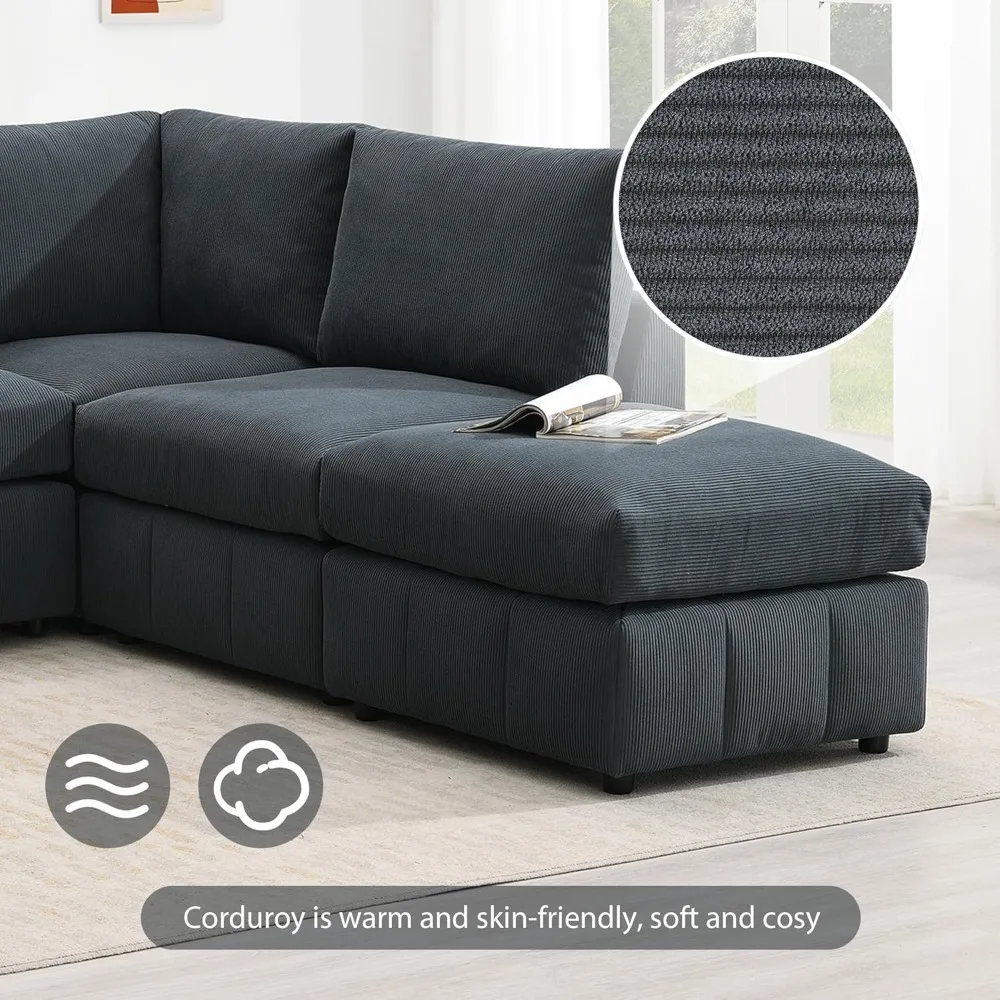 5 Seat Modular Sofa with Convertible Ottomans, Armless Corduroy Sectional Couch Set with Vertical Stripes Various Combinations