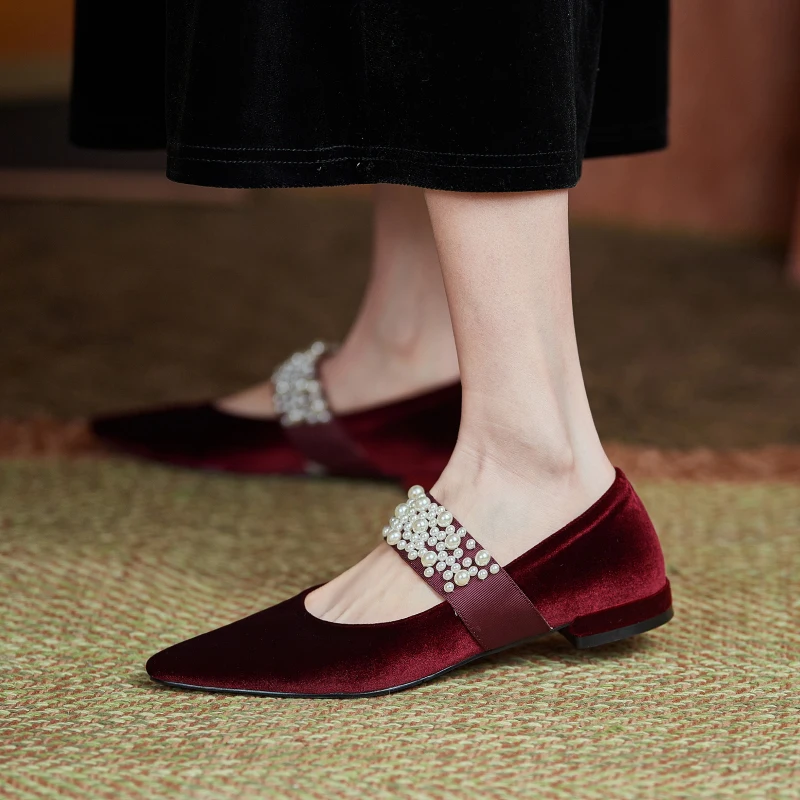 Flat Shoes Woman French Style Women Flats Elegant Ladies Pearls Shoes Spring Autumn Low Heel Vintage Velvet Footwear