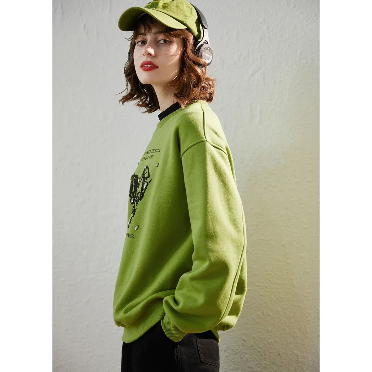 LOUIS YAO Printed Micro Elastic Long Sleeve Women's Sweatshirts 2025 Winter Tops Thick Velvet Loose Simple Round Neck Hoodies