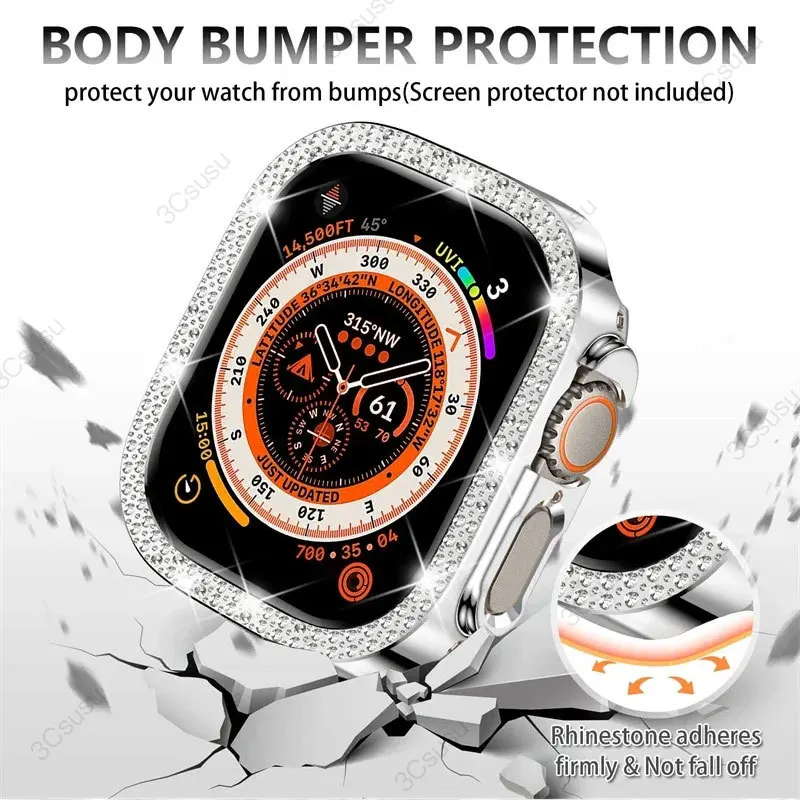 Diamond Screen Protector para Apple Watch, Case Cover, Bumper, Série 9, 8, 7, 45, 41mm, 49mm, 42mm, 38mm, iWatch 6, 5, Se, 40mm, 44mm, ultra 2