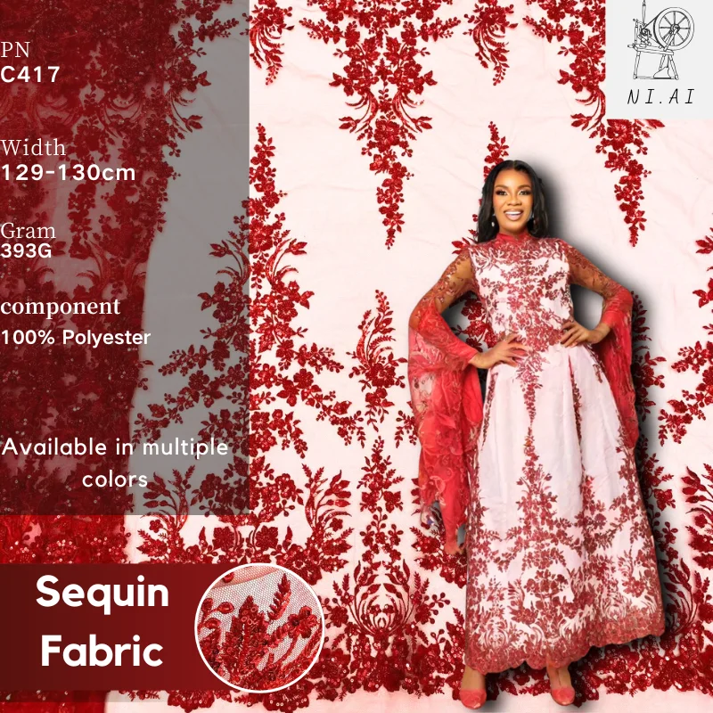 

Luxury Red European Floral Embroidered Lace Fabric African High Quality Sequins Beads Mesh Tulle For Banquet Gown Dress Banquet