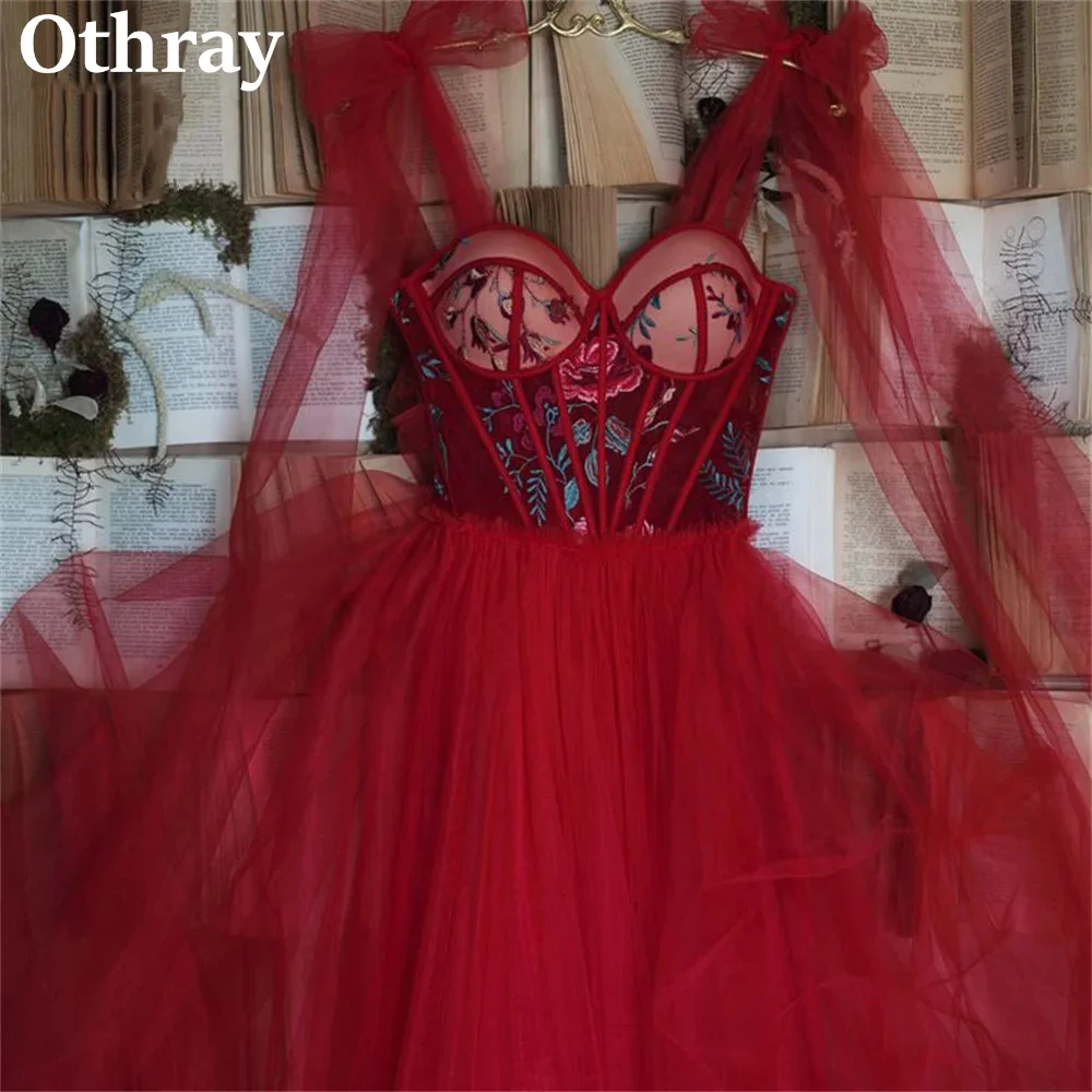 

Othray Charming Red Floral Prom Dresses A Line Exposed Boning Applique Evening Gowns A Line Birthday Party Robe Vestido De Noche