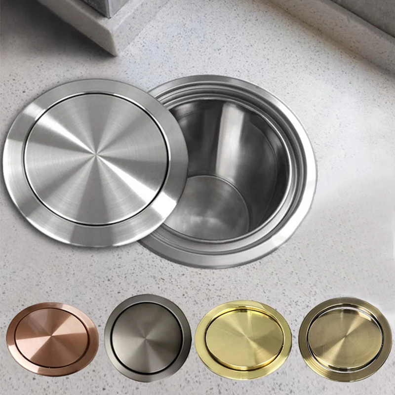 Round Recessed Countertop Trash Can Lid Circular shake lid Stainless Steel Clamshell Kitchen Mall Bathroom