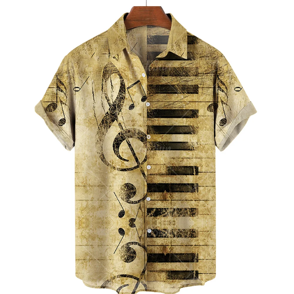 Hawaiian Shirt with Musical Guitar Print for Men, Musical Party Short Sleeve Shirt for Beach, Hip Hop, Harajuku, Large Size Top