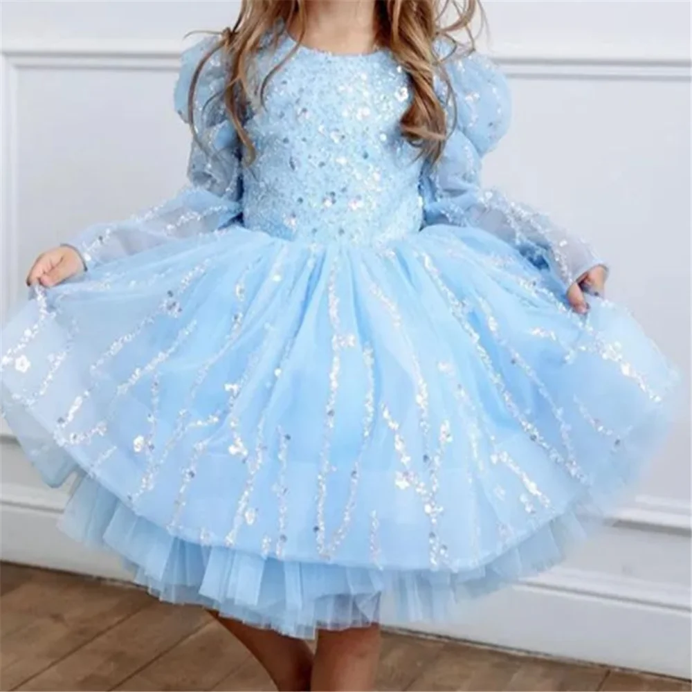 Long-sleeved Tulle Lace Printing Layered Flower Girl Dress Princess Ball First Communion Dresses Kids Surprise Birthday Present