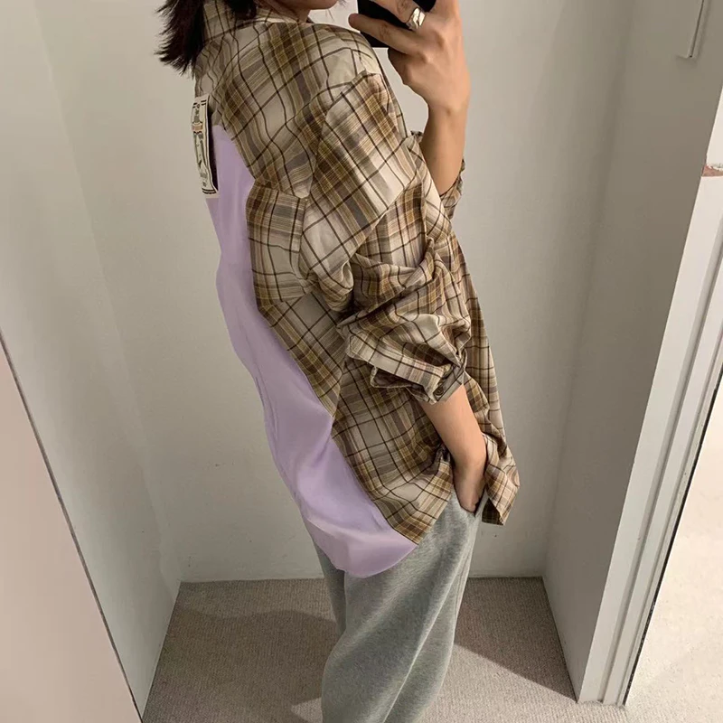 Women's Clashing Color Plaid Shirt, Fashion Casual Loose Top, High Quality, Autumn New Shirt, 2024, y2k