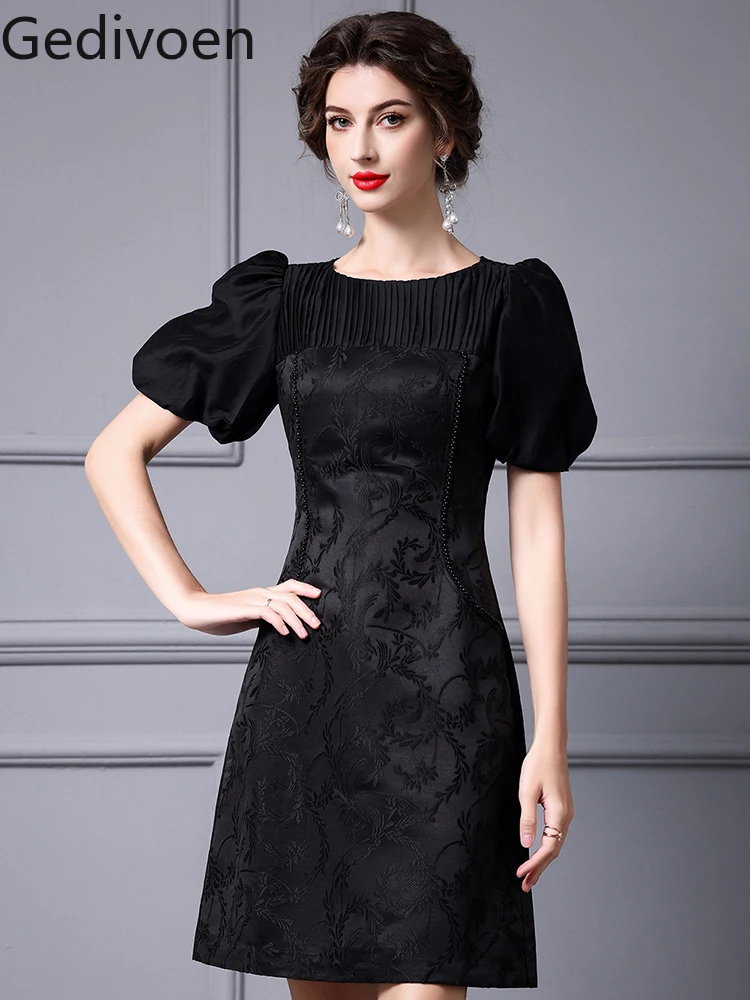 

Gedivoen Summer Fashion Runway New Designer Commuting Style Round Neck Pure Black Appliques Delicate A-line Skirt