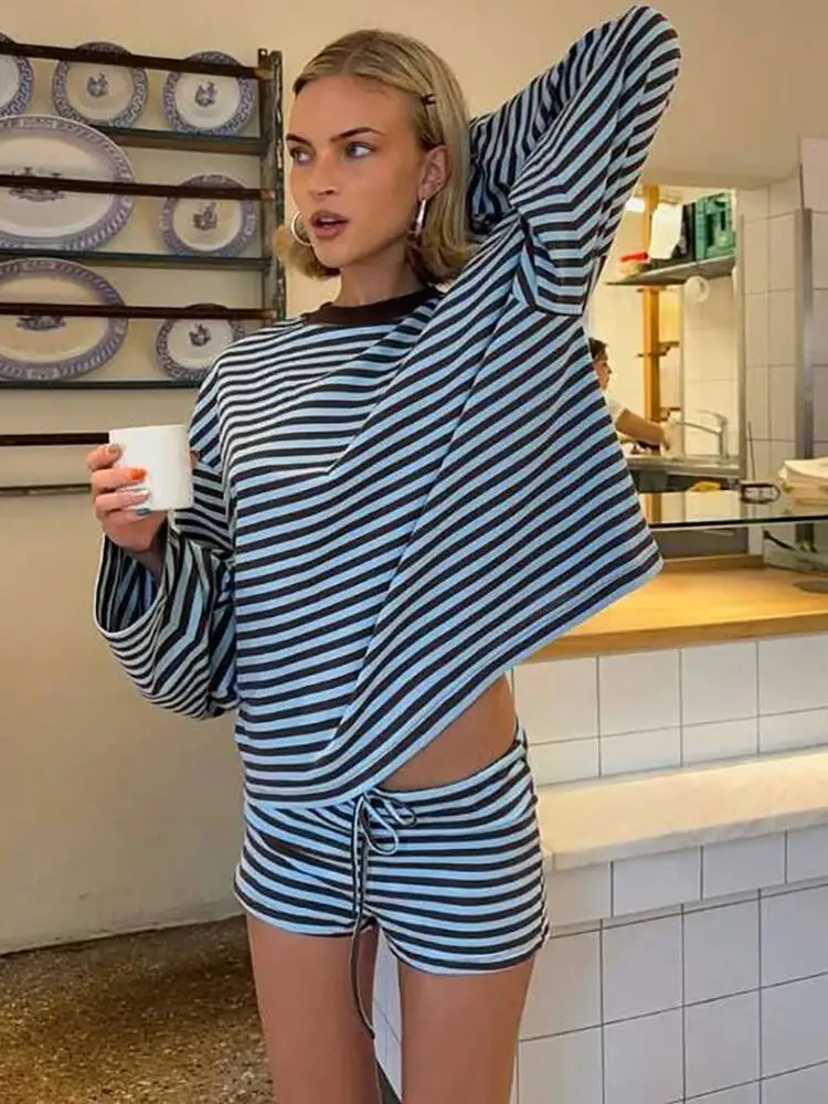 Fantoye طباعة مخطط الجولة الرقبة 2 قطعة مجموعات النساء بدل رجالي أحمر كم طويل تي شيرت قصير بانت الخريف فضفاض ملابس الشارع الشهير غير رسمية