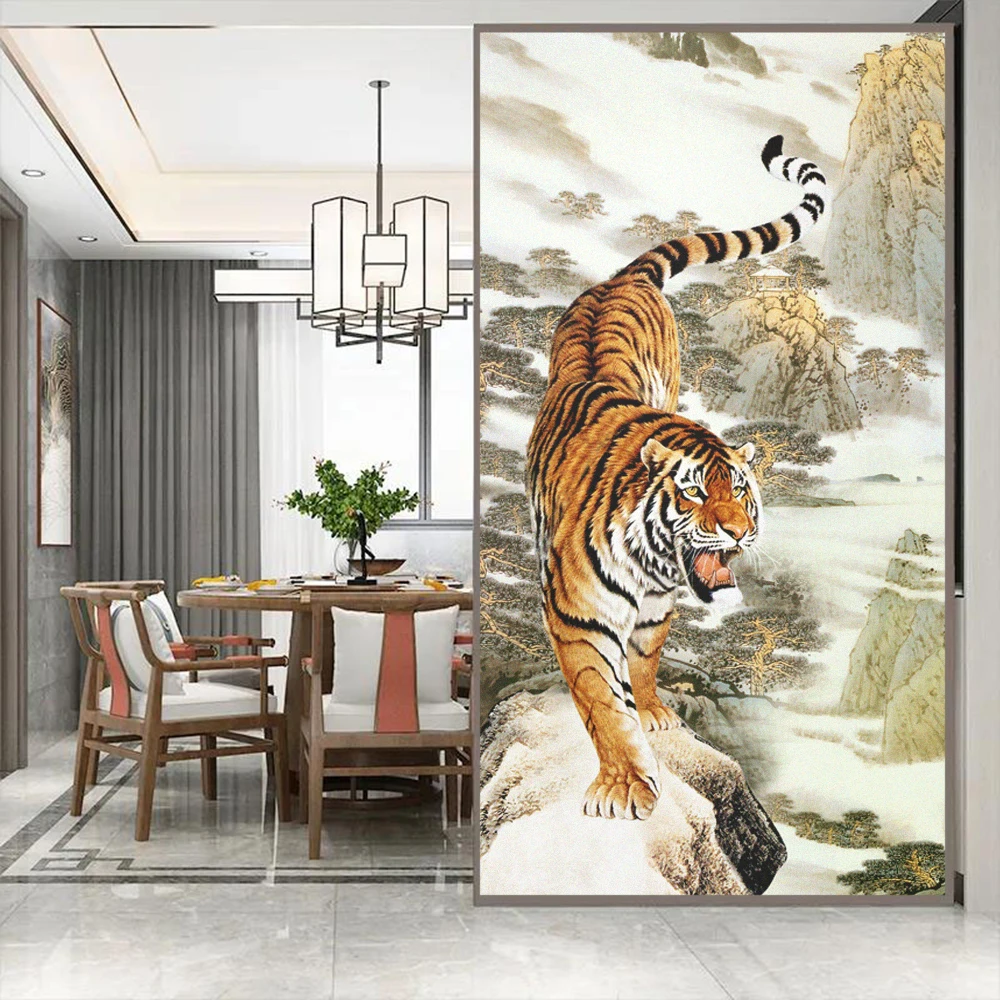 Static Cling Privacy Window Film Heat Control UV Blocking Window Glass Film Tiger Landscape Painting Frosted Window Film