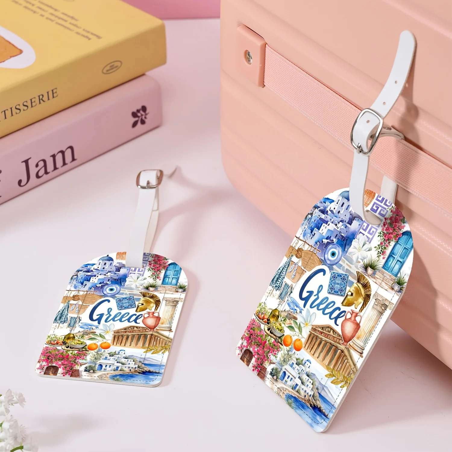 Greece Santorini Architecture Pattern Luggage Tag Lightweight PU Material Suitcase Tag for Airports Cruises Perfect Travel Gift