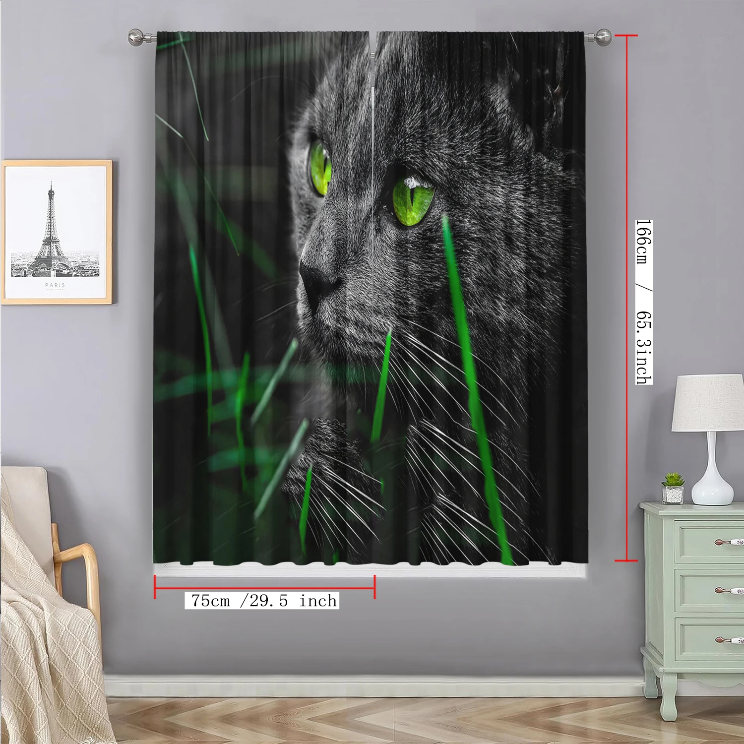 2PC Home Decoration Curtains, Cute Cat Background With Pole Pocket Curtains, Kitchen, Coffee Shop, Living Room, Balcony, Garden