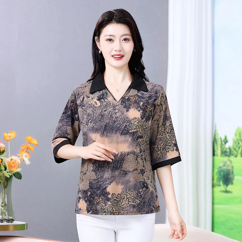 قميص صيفي نصف كم، بلوزات نسائية فضفاضة بأزرار مطبوعة من الحرير الجليدي #6