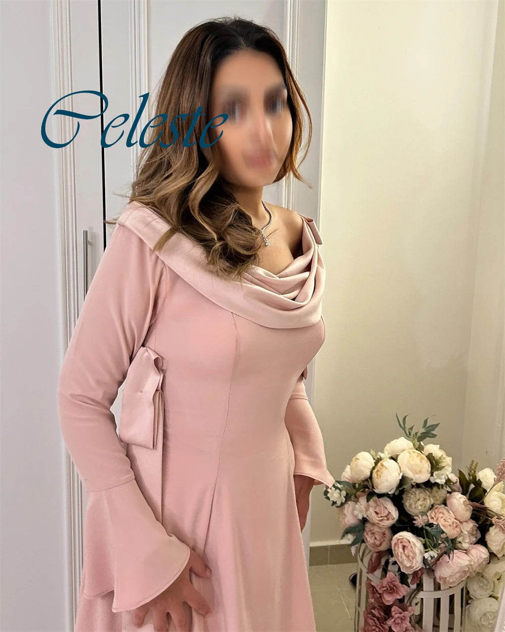 فستان سهرة مخصص بطول الكاحل من الساتان وأكمام مضيئة كلاسيكي للمناسبات الخاصة بمزاج فيستدو دي فيستا