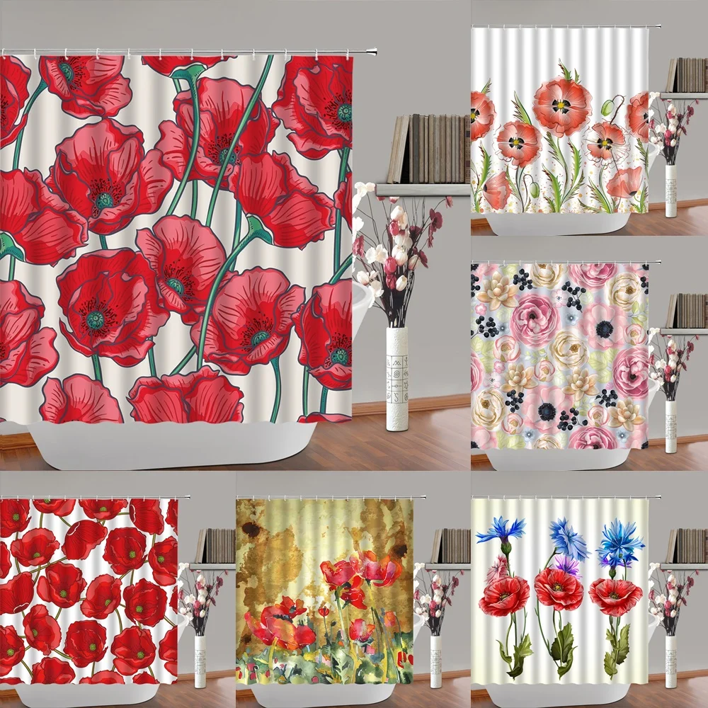 Red Poppy Flowers Shower Curtain Bathroom Decor Spring Pastoral Blooming Floral Bath Curtains Polyester Fabric Screen With Hooks