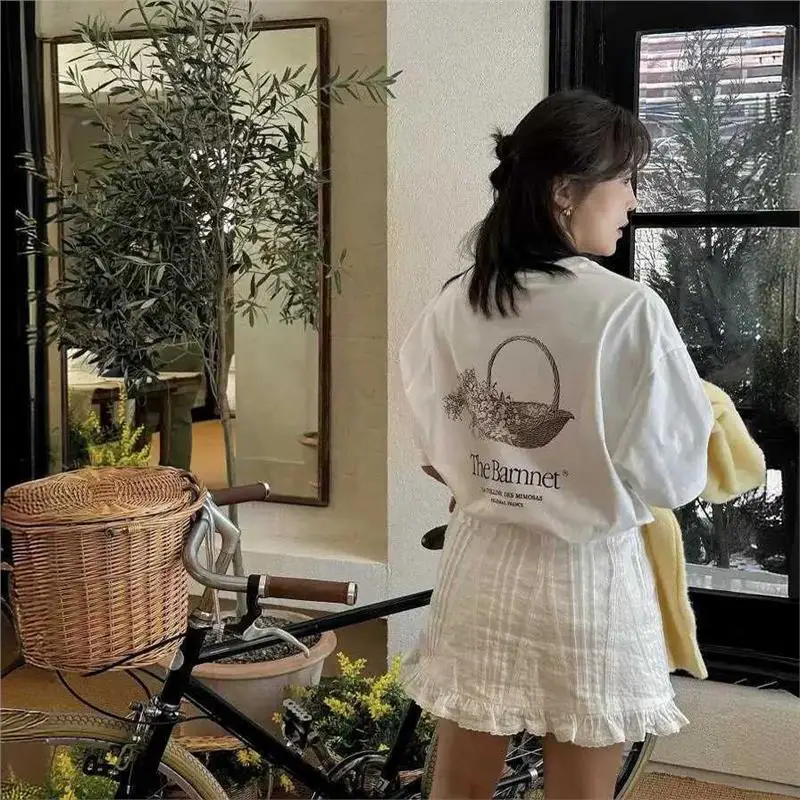 Summer New Women's Loose Cotton Short Sleeve T-shirt Basket Print Casual Style Pure Cotton Top Comfortable round Neck Shirt