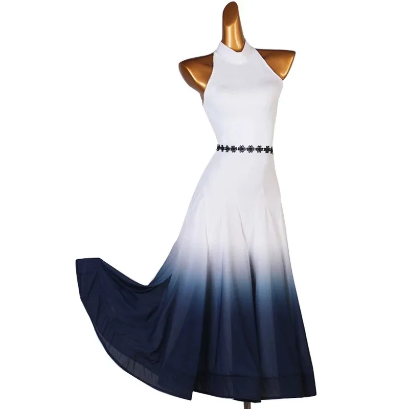 Halter sleeveless big swing dance dress with black floral decorative belt and white‑blue gradient skirt,suitable for ballroom da