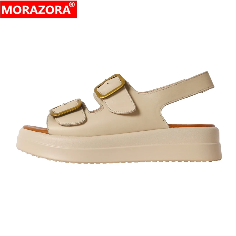 MORAZORA 2024 New Fashion Genuine Leather Sandals Women Shoes Buckle Platform Summer Shoes Black Beige Ladies Office Dress Shoes