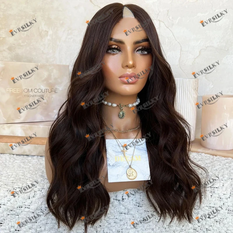 Long Wavy Dark Brown 100% Remy Human Hair 1x4 Size V Part Wigs for Black Women Glueless 180Density Opening U Part Wigs Natural