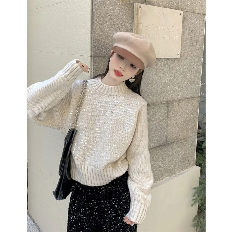 가을과 겨울 여성용 반터틀넥 시퀸 풀오버 스웨터