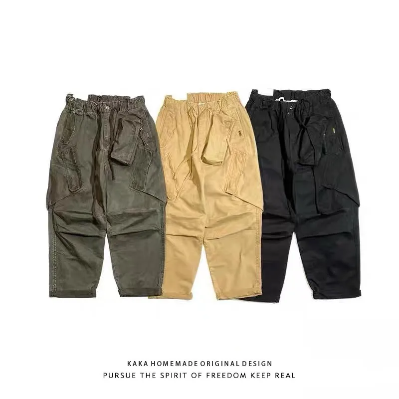 Celana Kasual Multi-saku 3D Merek Pakaian Jalanan Remaja Jepang Musim Gugur Celana Kargo Longgar Cityboy Gaya Vintage Dicuci Retro