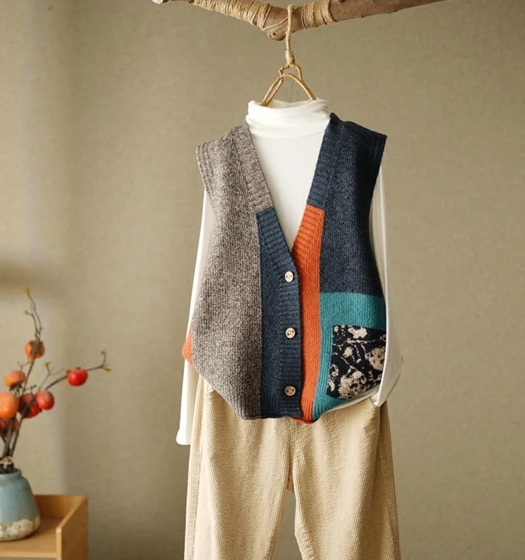 Women Retro Knitting Vest Patchwork Sleeveless Soft One Breasted Jackets Spring Autumn Female Casual All-match Knitted Sweater