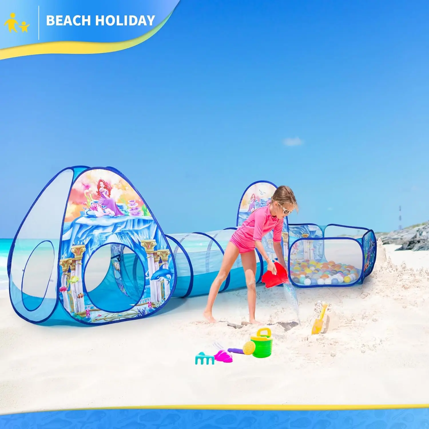 3-in-1 Meerjungfrau-Kinderspielzelt mit Spieltunnel, Bällebad, Basketballkorb für Jungen und Mädchen, Pop-Up-Spielhausspielzeug für Kleinkinder für Bab