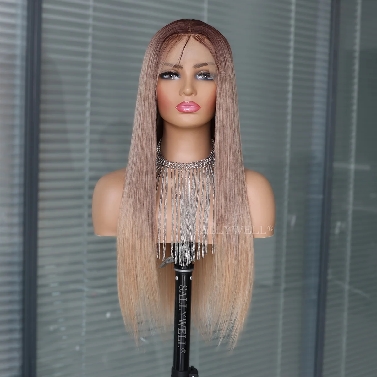 Ombre Brown Blonde 13x4 Lace Front Synthetic Wig Glueless Long Straight 3-tone Colored Lace Front Wig for Women Heat Resistant