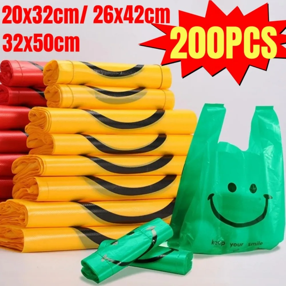Bolsas de compras de plástico con asa, 3 tamaños, para supermercado, prácticas, reutilizables, para almacenamiento en la cocina, 200-50 Uds.