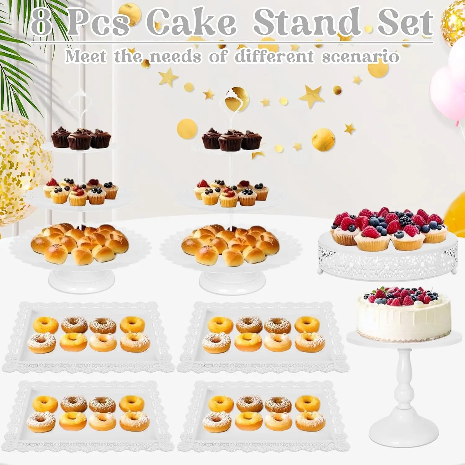 Black Metal Dessert Table Display Set 8 Pieces 3 Tier Cupcake Stand Lace Edge Cake Tower Rectangular Serving Trays For Wedding Birthday Baby Shower Party Celebration - view 7