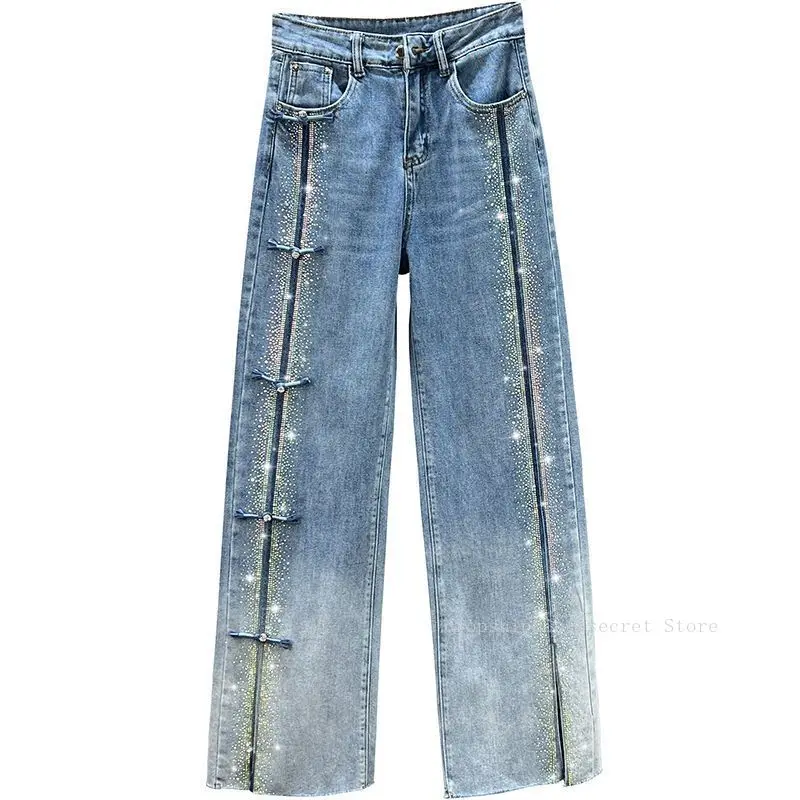 Denim Wide-legged Jeans Women Plus Trousers 2025 New Autumn High Waist Loose Thin Hot Diamond Dragged Trousers