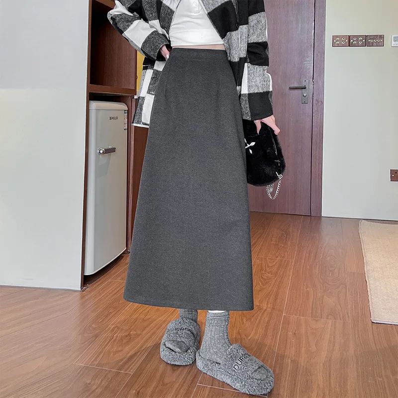 女性のスプリットミディスカート弾性ハイウエストウールロングスカート女性服女性秋冬ファッション A ラインヒップスカート