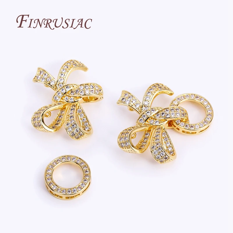 18K Gold Plated Inlaid Zircon 3 rings Bowknot Butterfly Pearl Clasps Fastener, DIY Pearl Jewelry Decoration Connector Clasps